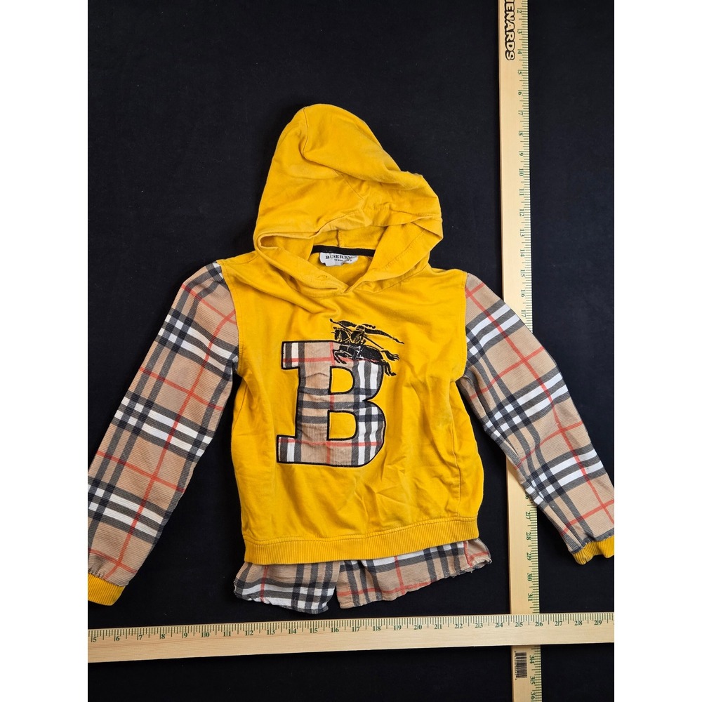 Burberry London Kids Yellow Check Sleeve Hoodie Equestrian Knight Logo Size 7/8Y